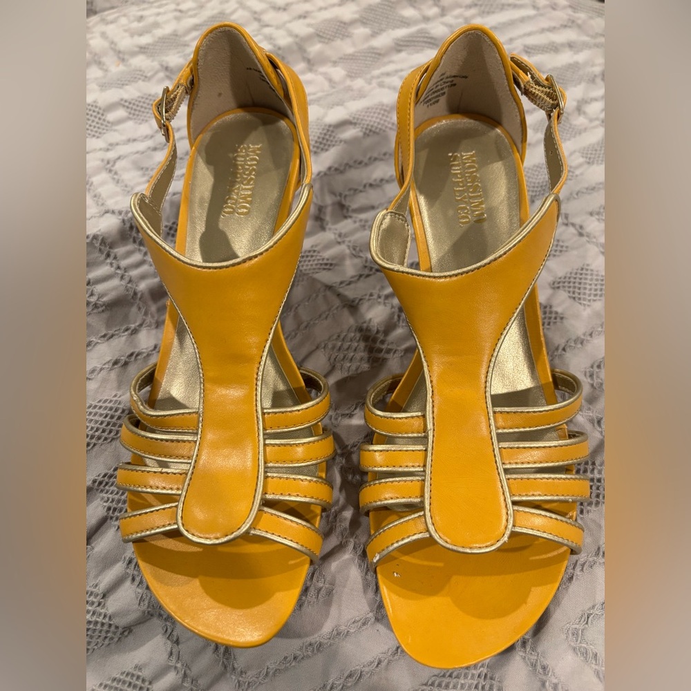 Yellow and Gold Strappy Mossimo Sandals with 3” Faux-Cork Wedged Heels, Like New